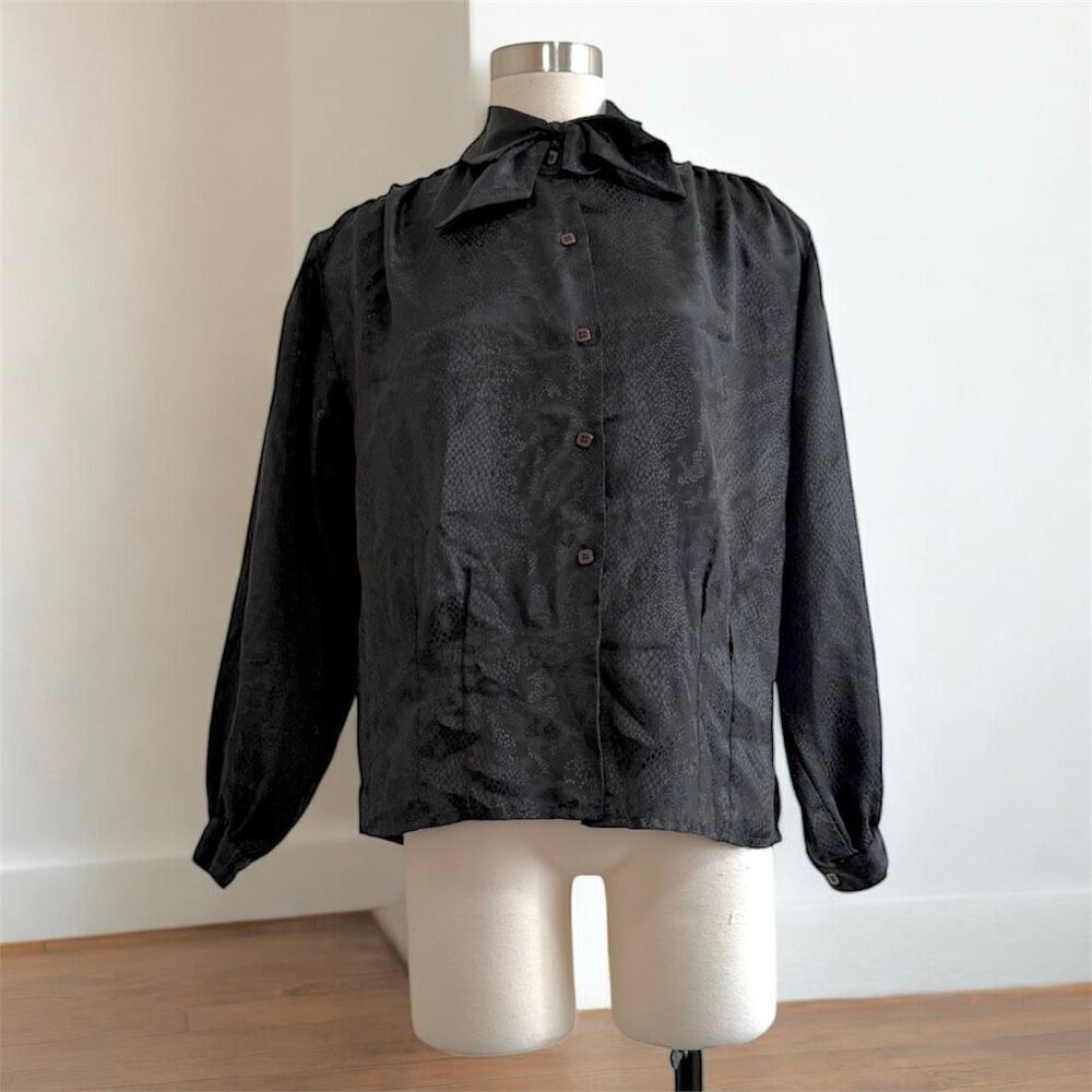 Vintage Oscar De La Renta Black Satin Secretary Blouse Neck Tie Medium Ruffle